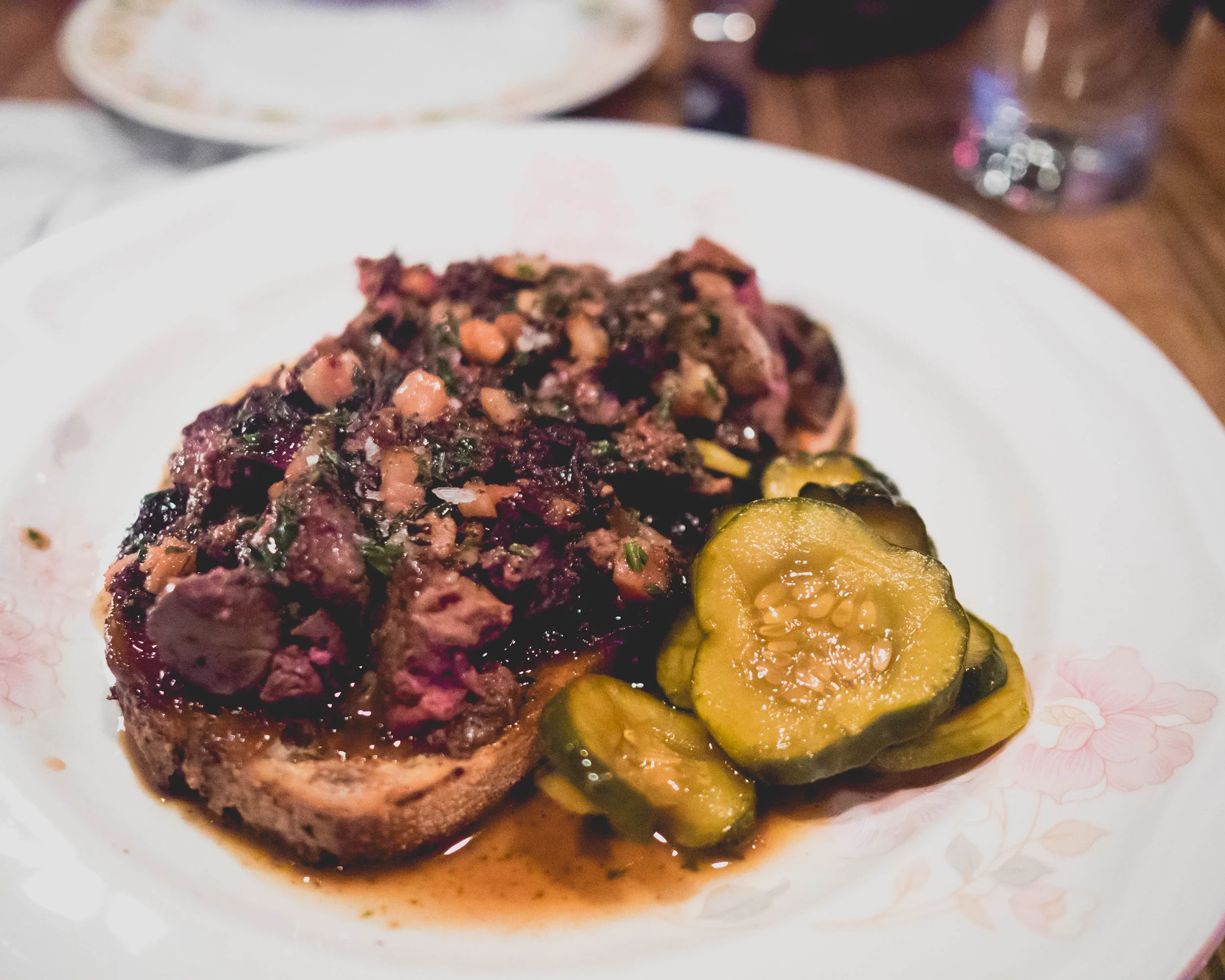 chicken liver, onion jam, grilled bread, pickles, apple vinegar.