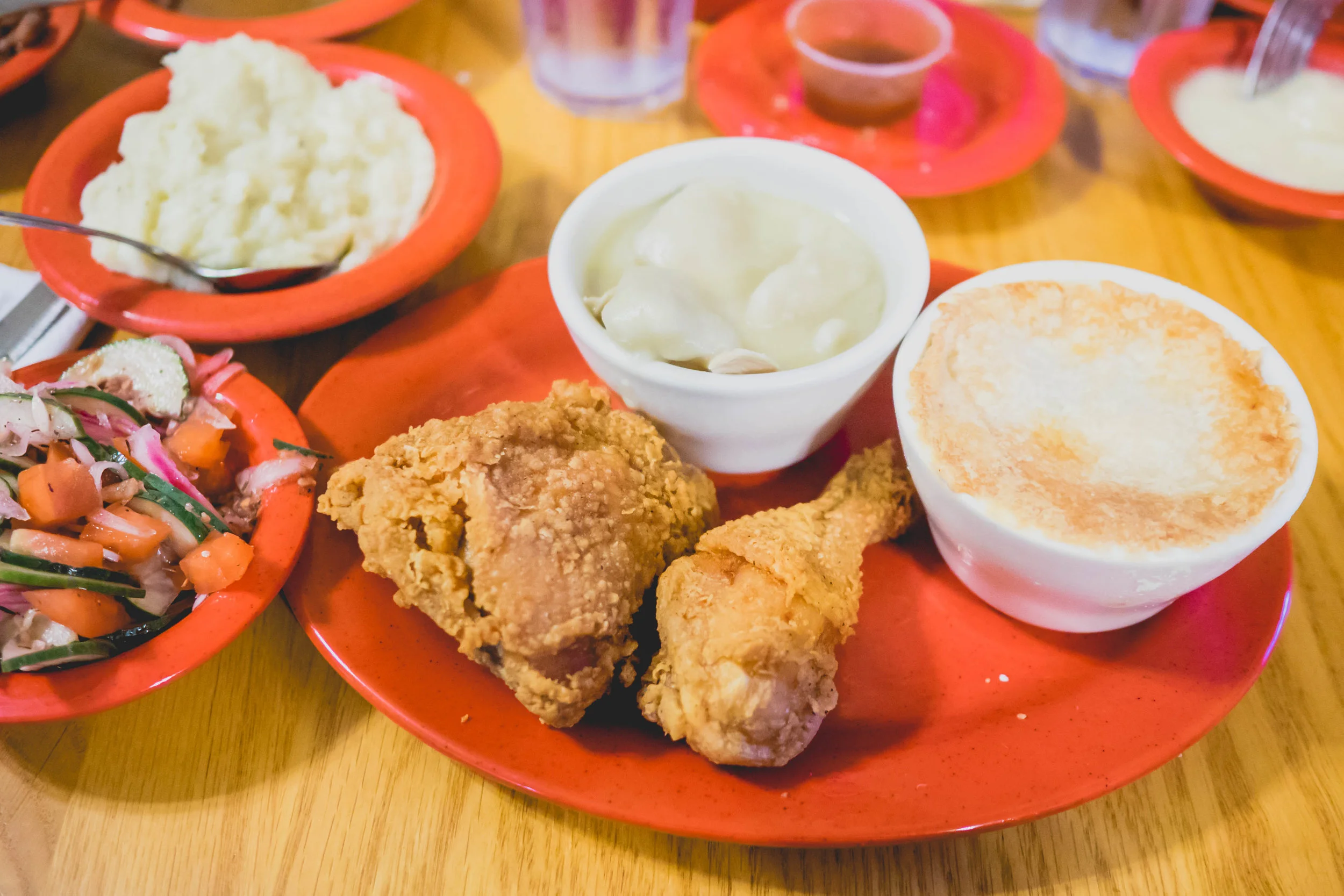 farmhouse trio of fried chicken, chicken and dumplins and chicken pot pie.