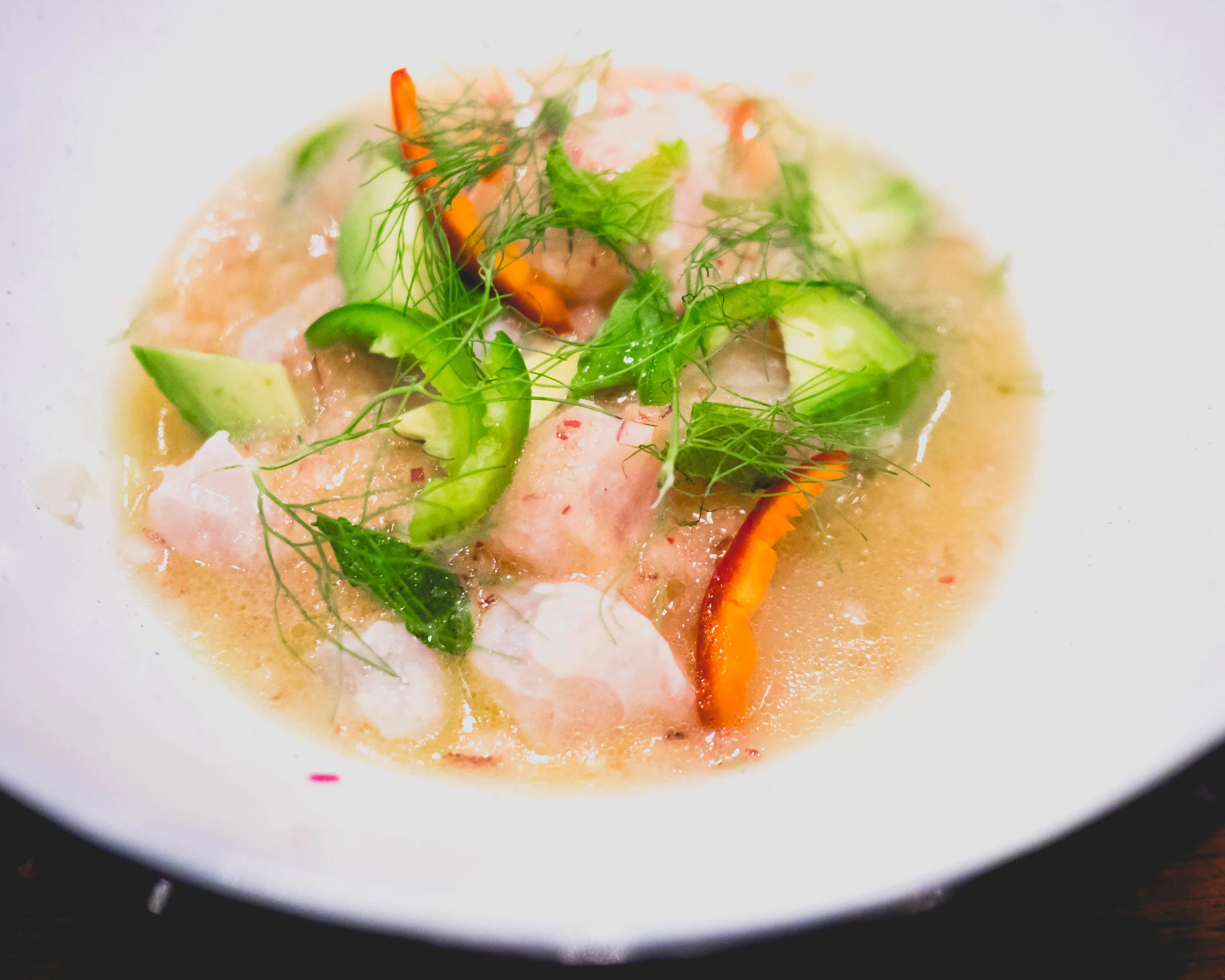 red snapper ceviche , blue masa, fennel, habanero, avocado.