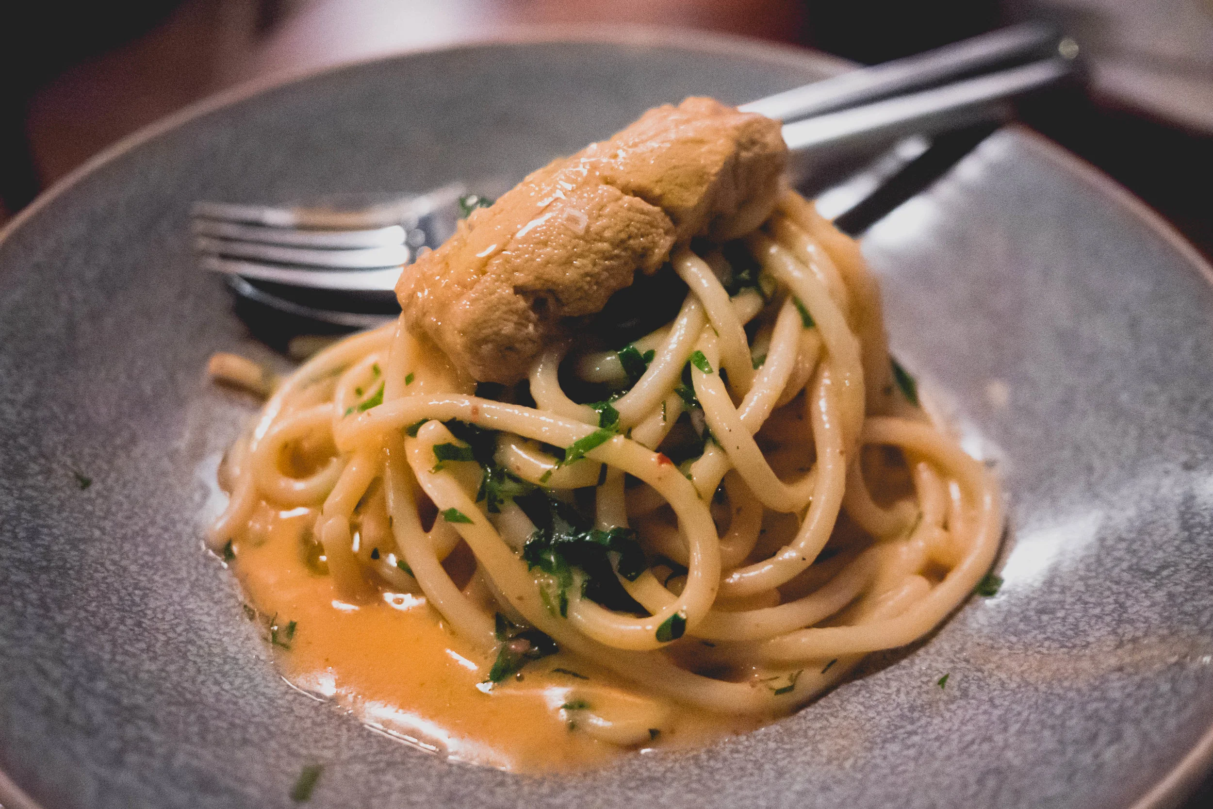 spaghettone al ricci di mare : santa barbara sea urchin, peperoncino, parsley.