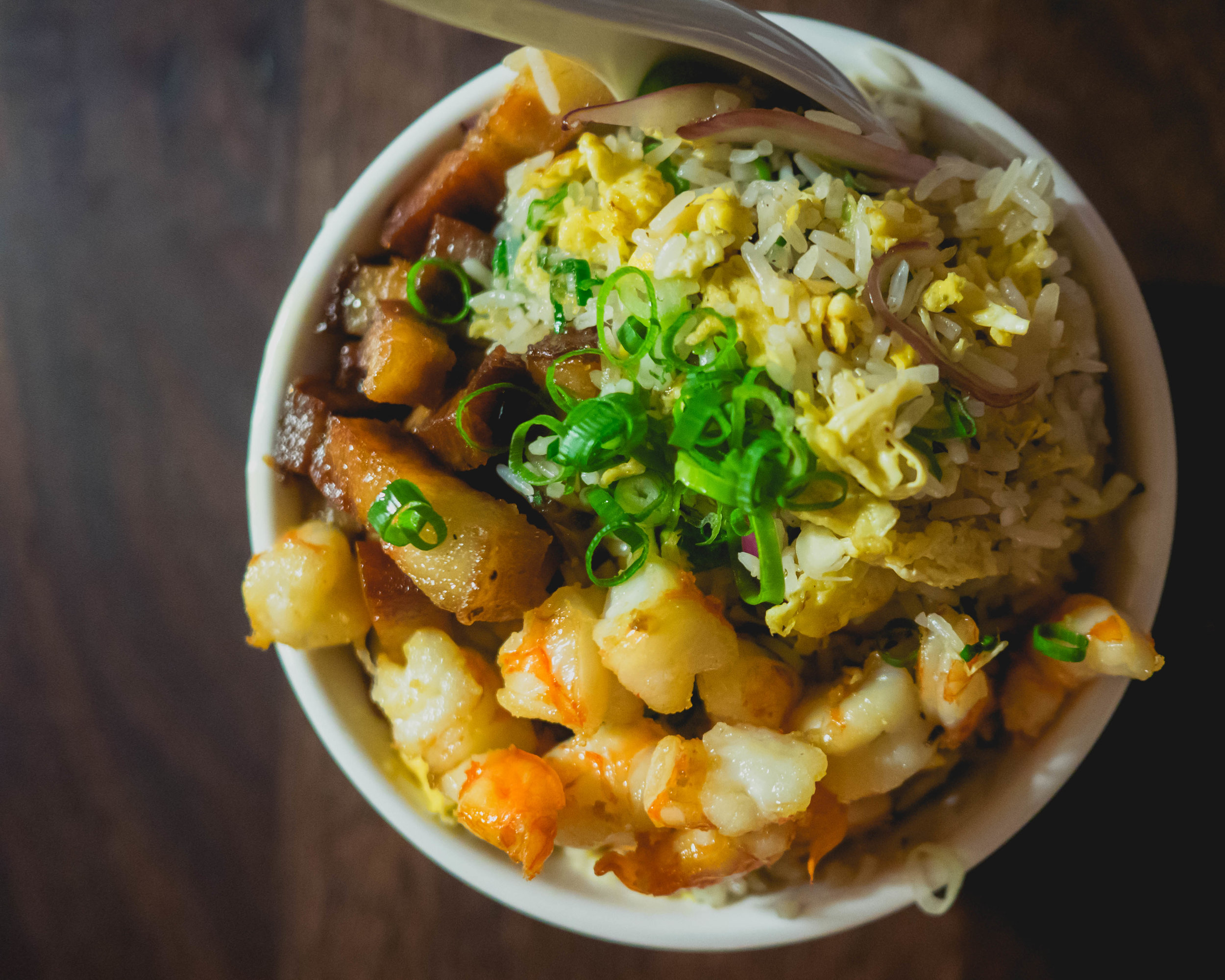 cantonese-style fried rice with shrimp and pork belly.