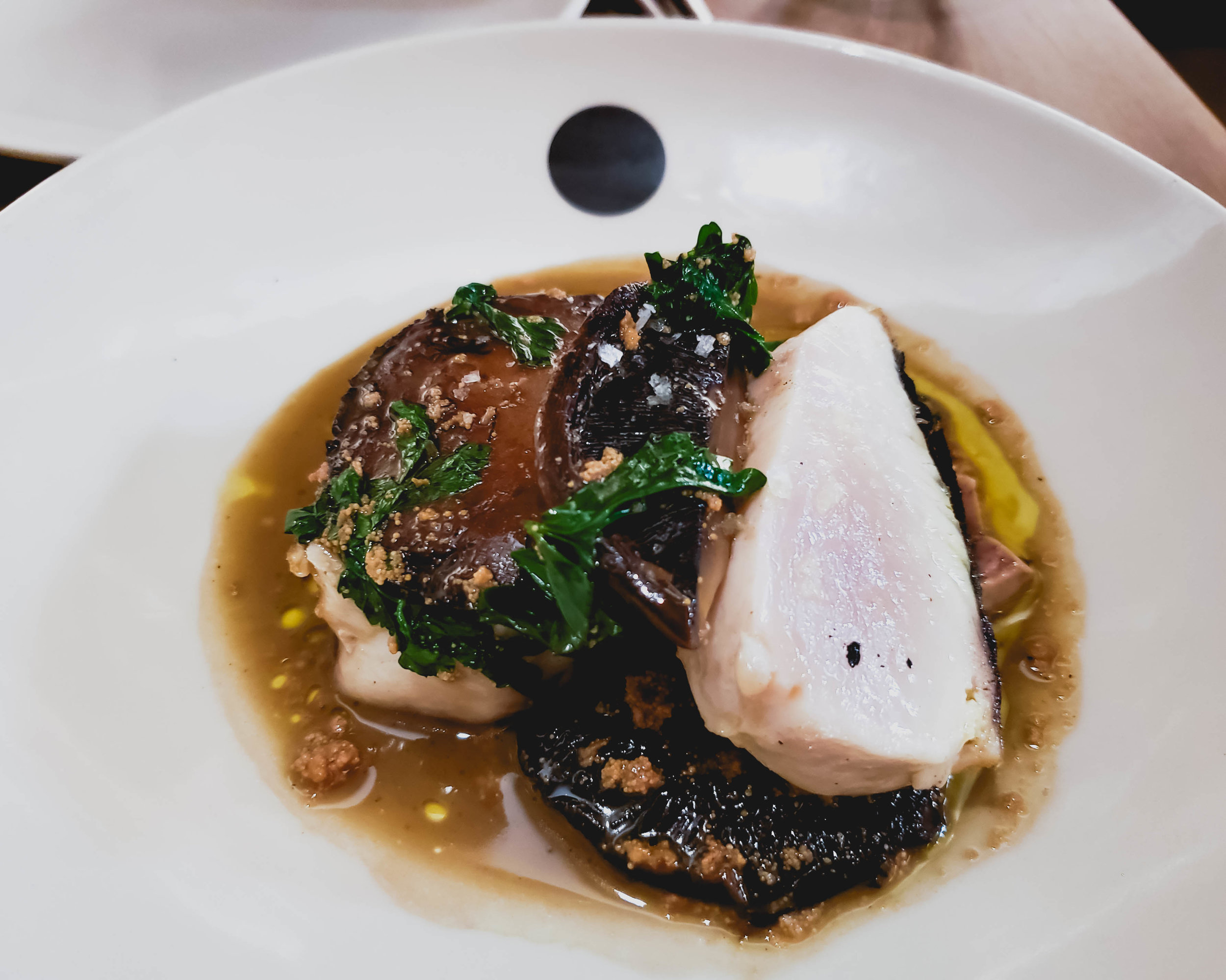 bowen line caught spanish mackerel , portebello mushrooms, liver & roe.