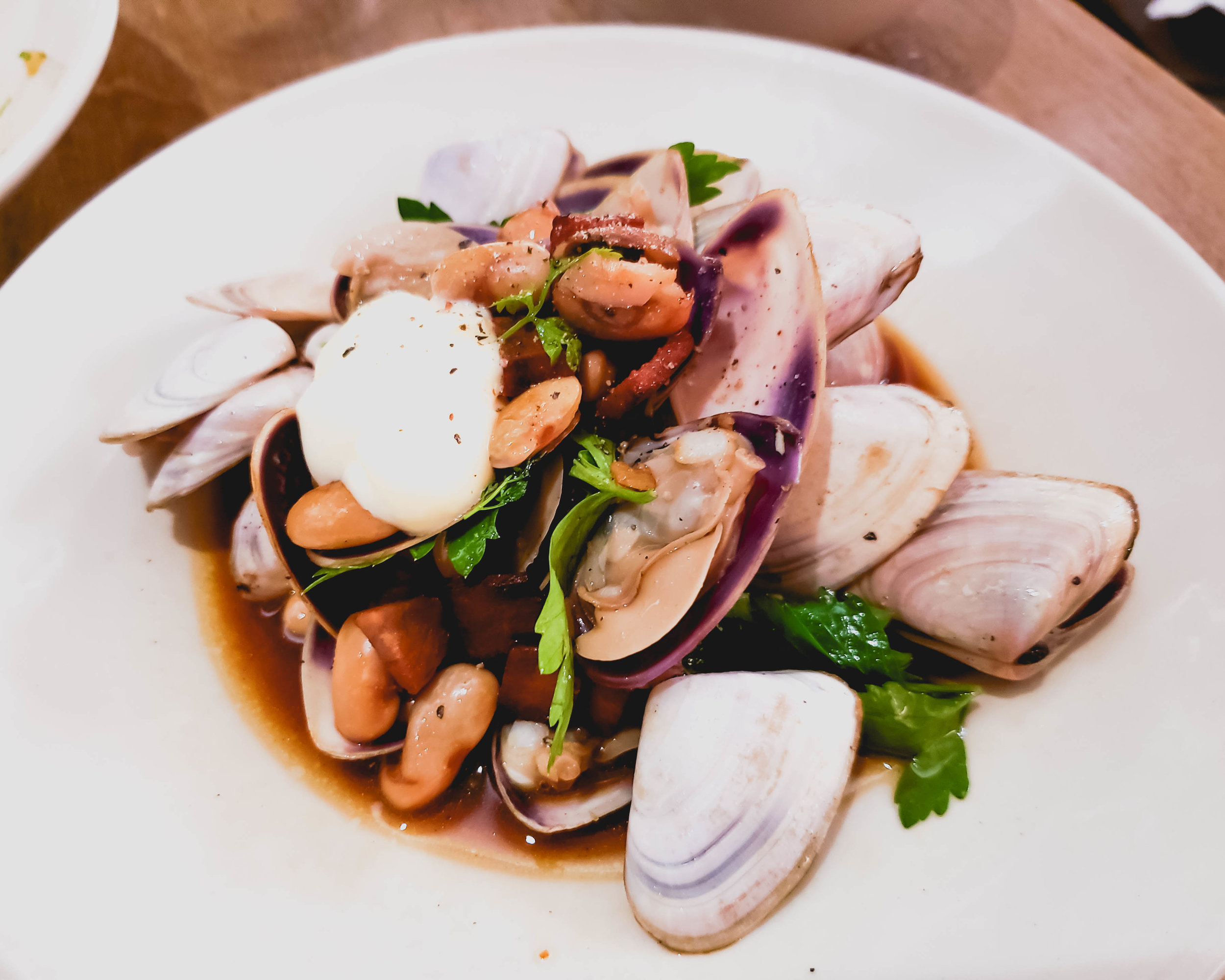 coorong pipis , borlotti beans, broadbill belly bacon & herb salad.
