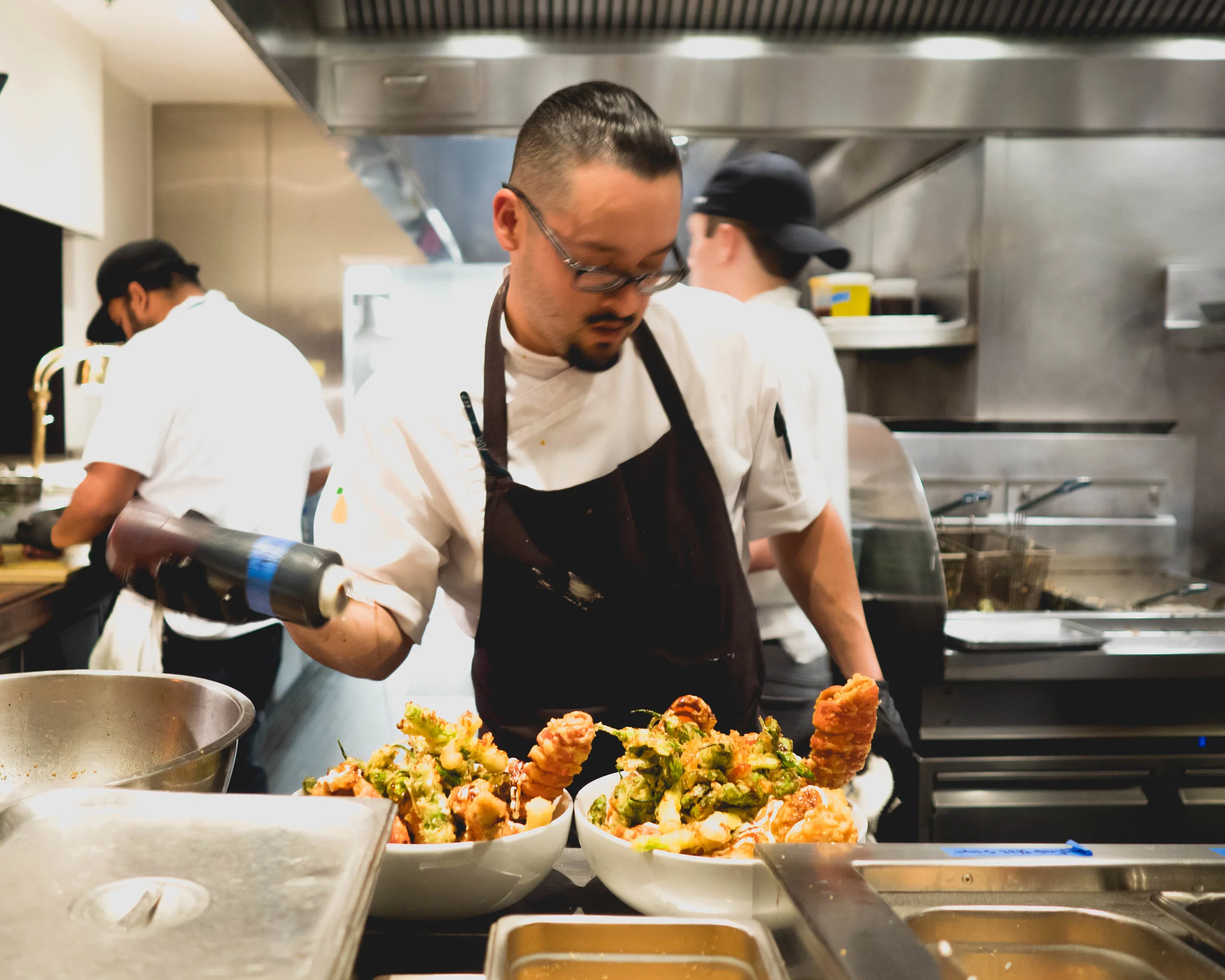 tempura everything (including lobster tails!) coming together in the kitchen.