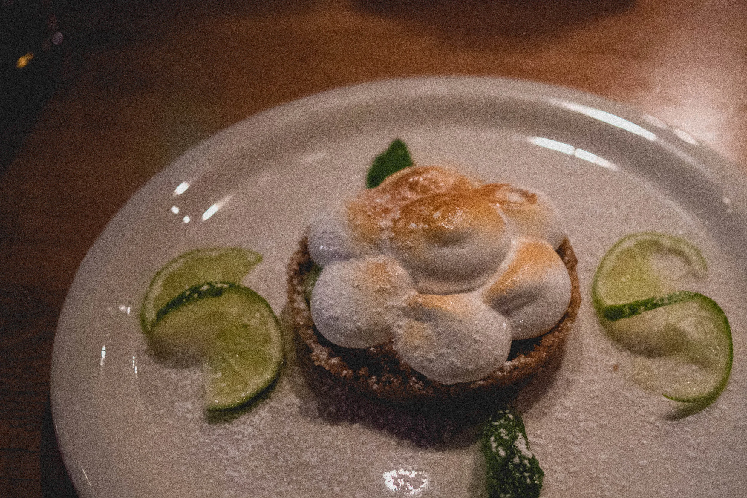 key lime pie , lime infused brown sugar, toasted meringue.