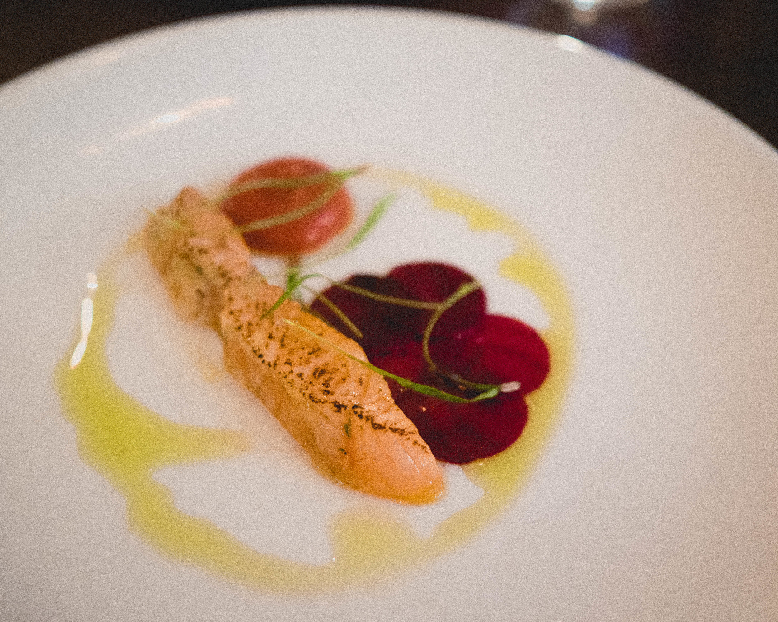 scorched douglas fir cured salmon , beetroot, blood orange.