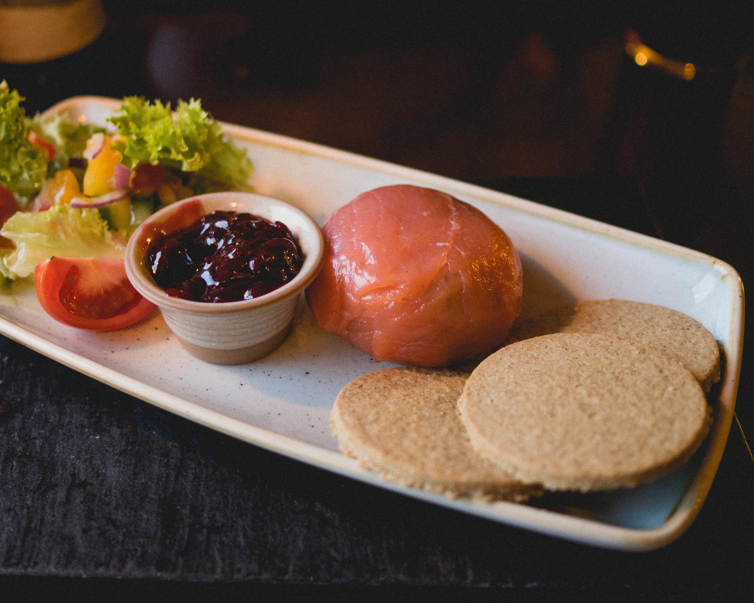 hebridean seafood parcel : smoked mackerel pate wrapped in cold smoked salmon, with beetroot and horseradish chutney.