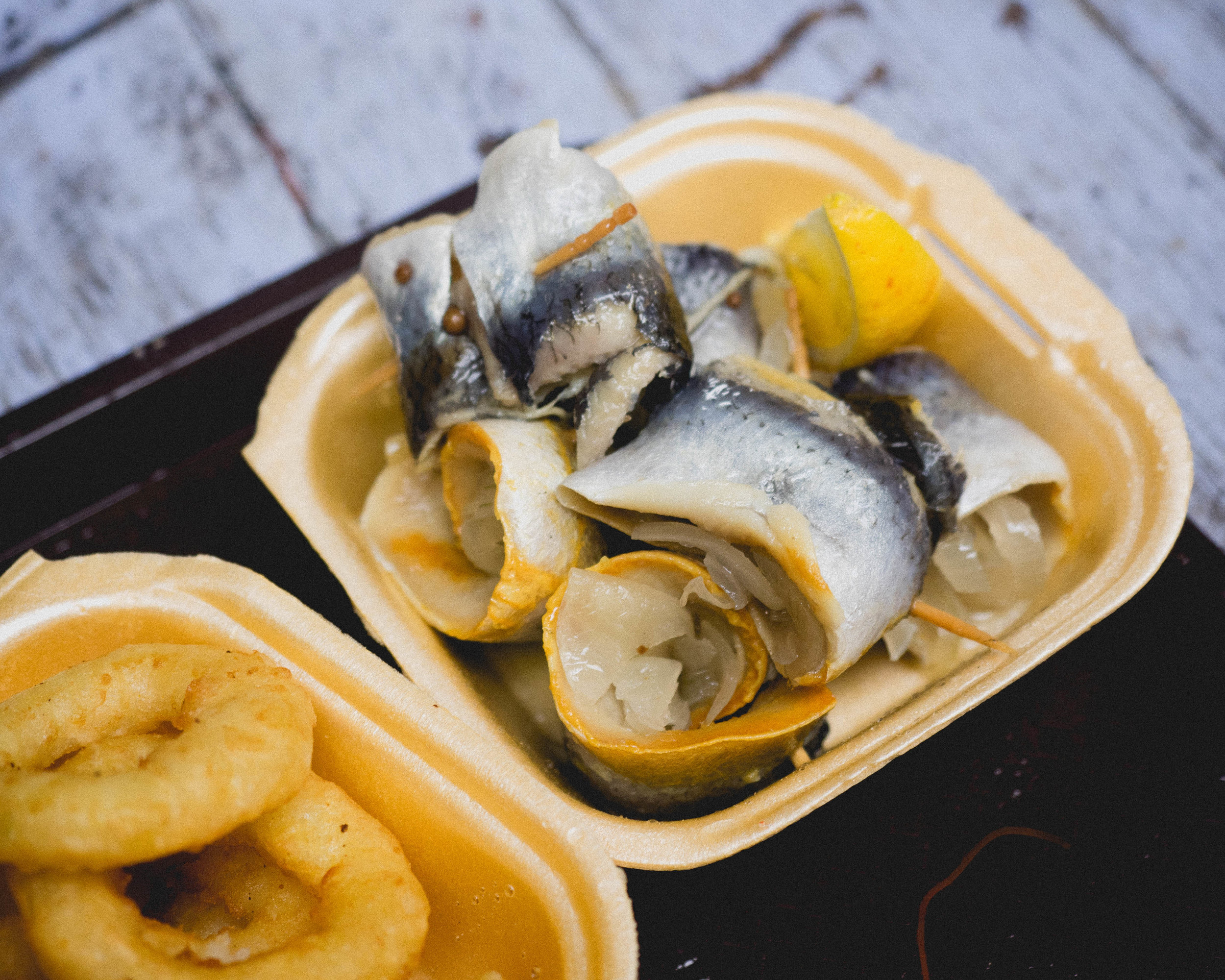 pickled herring (and onion rings).