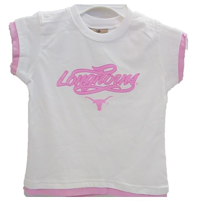 LONGHORNS: WHITE T-SHIRT S/S WITH PINK LETTERING- GIRLS LIMITIED QUANTITIES AVAILABLE
