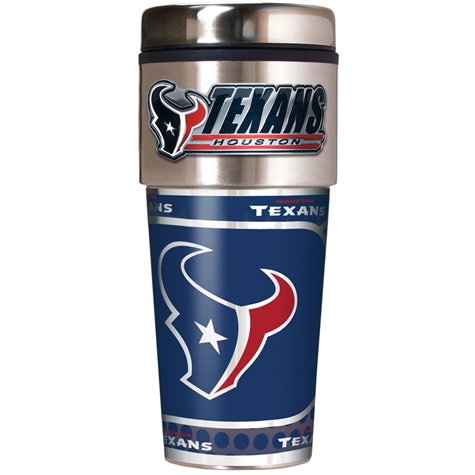 TEXANS: TRAVEL TUMBLER WITH PEWTER LOGO & TEAM NAME WITH METALLIC WRAP LIMITED QUANTITIES AVAILABLE
