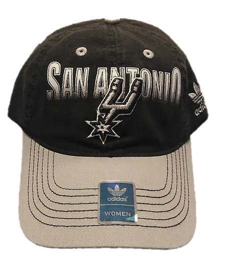 SPURS: CAP- BLK W/GREY BILL W/ SAN ANTONIO (GLITTER) & LOGO ON FRONT- PULL THRU ADJUSTABLE- STYLE EU14W- ONE SIZE FITS MOST- WOMEN