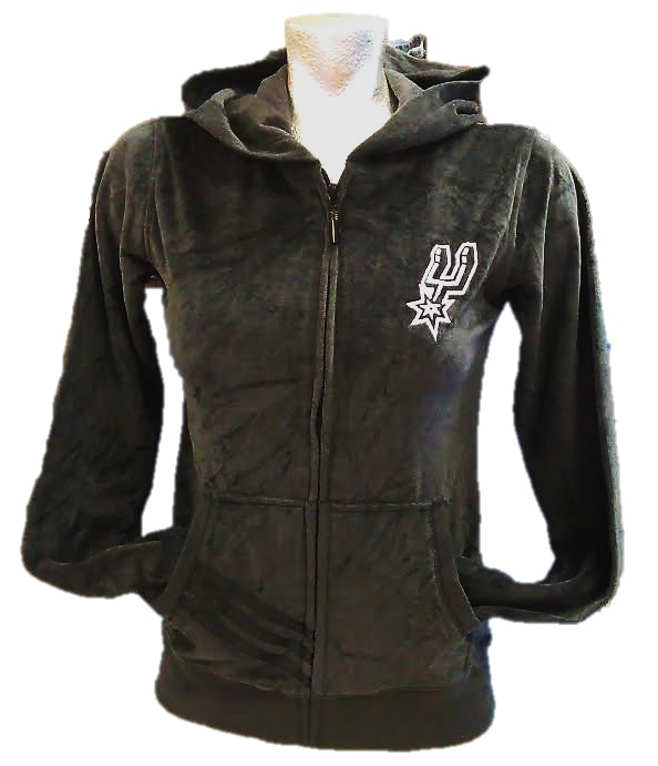 SPURS: JACKET- ADIDAS VELOUR ZIP UP W/HOOD & POCKETS WITH SPURS LOGO MONOGRAMMED ON LEFT CHEST ( BLACK)- LADIES SIZES S (LIMITED), XL, XXL-