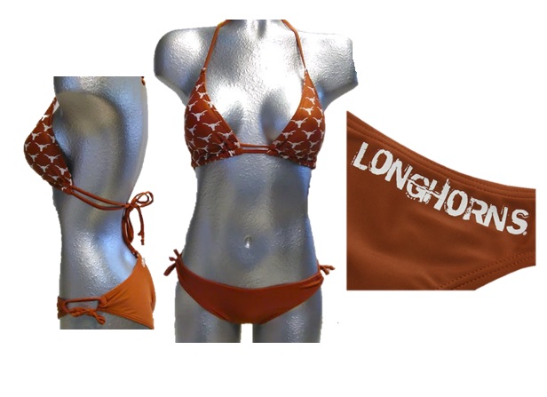 LONGHORNS: 2 PIECE SWIMSUIT: ORANGE W/ POLKA DOT UT LOGO ON TOP PIECE & ORANGE BOTTOMS W/LONGHORNS ON RIGHT BACK- LADIES SIZES- SMALL ONLY- ASSORTED & OR BY STYLE ( 3 STYLES - ORANGE, BLK/LEOPARD, & WHITE) LIMITED QUANTITIES AVAILABLE)