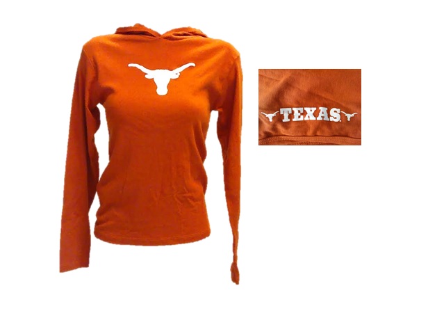 LONGHORNS: ORANGE L/S T-SHIRT W/HOOD LOGO ON FRONT W/ 2 LOGOS & TEXAS IN MIDDLE ON LEFT SIDE OF HOOD-LADIES SIZES S/M.L.XL LIMITED QUANTITIES AVAILABLE