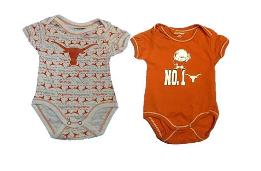 LONGHORNS: ONESIE 2 STYLES ASSORTED- WHITE & oRANGE- SIZES-3-6M, 6-9M, 12M, 18M, 24M- LIMITED QUANTITIES AVAILABLE