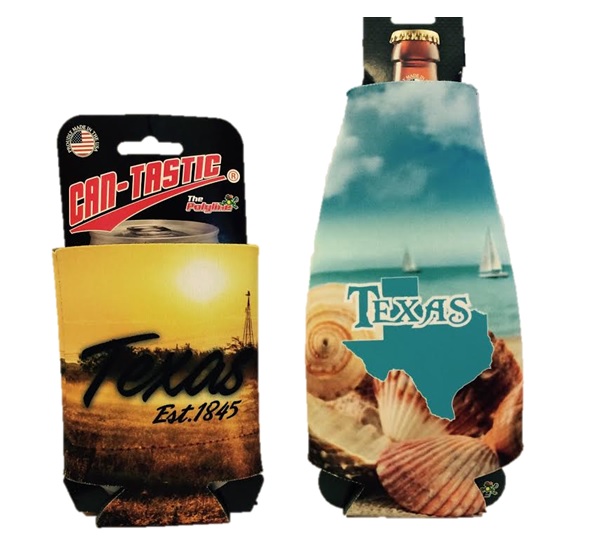 KOOZIE- TEXAS EST. 1845 & TEXAS BEACH SCENE : BOTH IN BOTTLE SUIT AND CAN & MADE IN USA