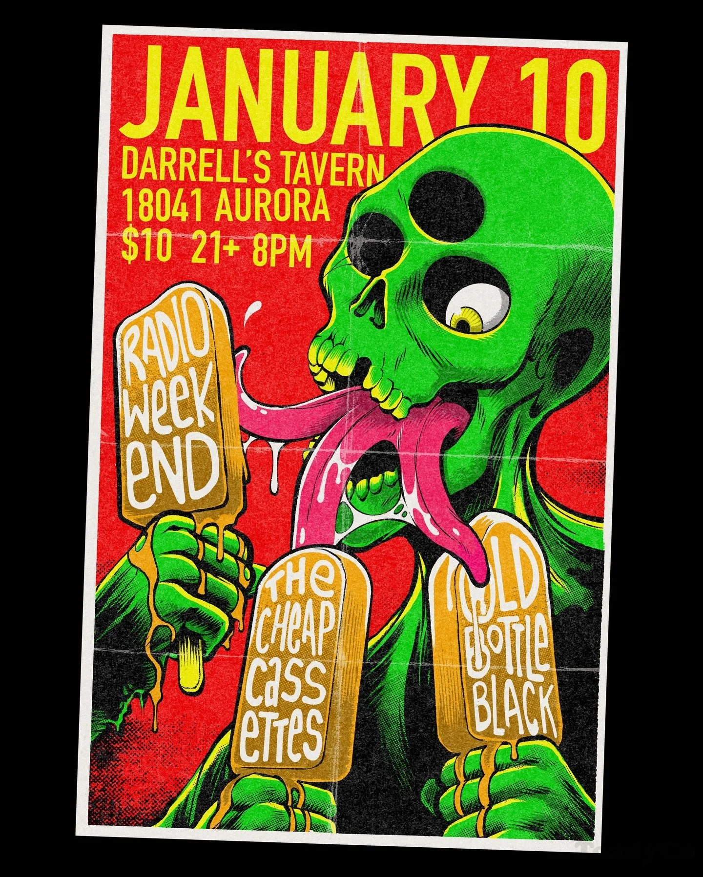 New trilingual zombie poster for a January show at @darrellstavern 

Bands:
@radioweekendrocks 
@the_cheap_cassettes 
@oldbottleblack 

#rockposter
#seattlemusic
#gigposter