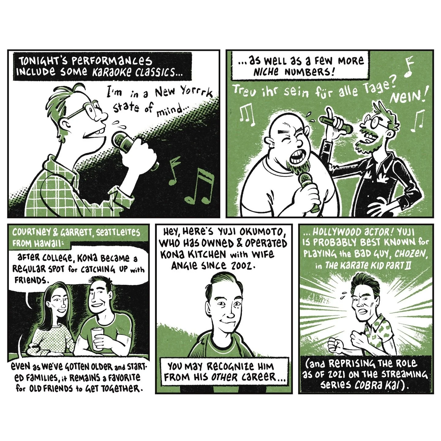 I made another comic about local music for @echothearts 

This one&rsquo;s about karaoke night at @konakitchen

You can read the whole thing at https://evergreenecho.org/comics (link in bio)!