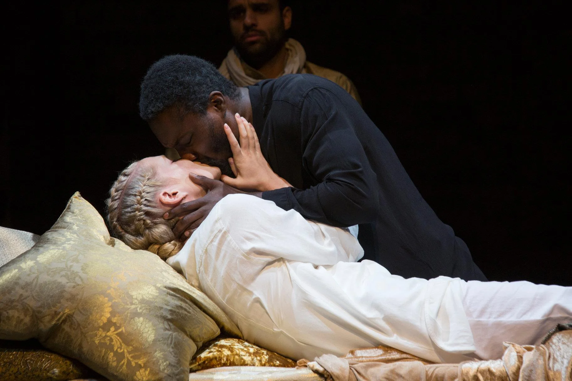 © Ellie Kurttz, RSC (Raj Bajaj as Calyphas, Rosy McEwen as Zenocrate, and Jude Owusu as Tamburlaine)