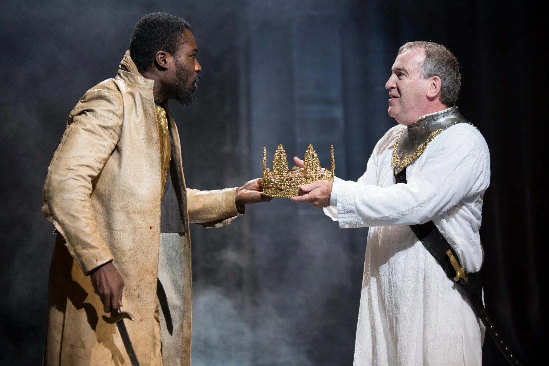 © Ellie Kurttz, RSC (Jude Owusu as Tamburlaine and Mark Hadfield as Mycetes)
