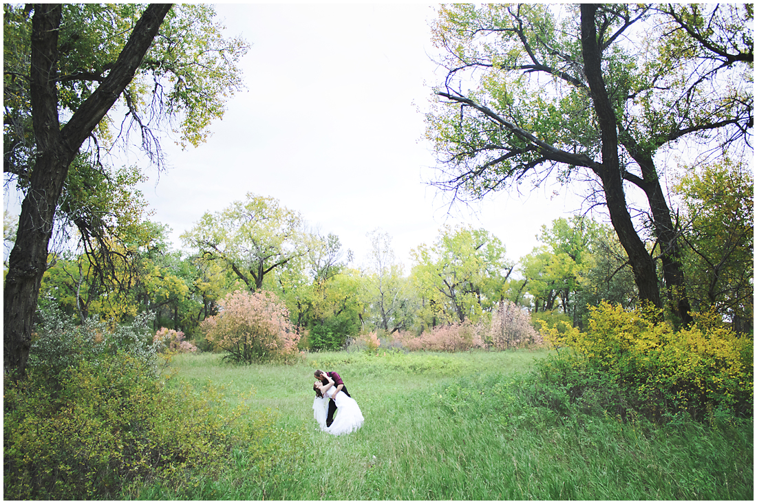 groom sweeping his bride into a dip in the middle of a fall backdrop A stunning Fall wedding in Lethbridge Alberta - a religious church ceremony at the URC Church with stained glass windows, a quick stop at the Wooden Shoe for lunch and bridal party pictures at Indian battle park. #albertawedding #lethbridge #redwinewedding #redcolourscheme #babiesbreathboquet #indianbattlepark #woodshoe #overcastwedding #fallwedding #kissingcouple #brideandgroom #emotionalwedding #church #churchceremony