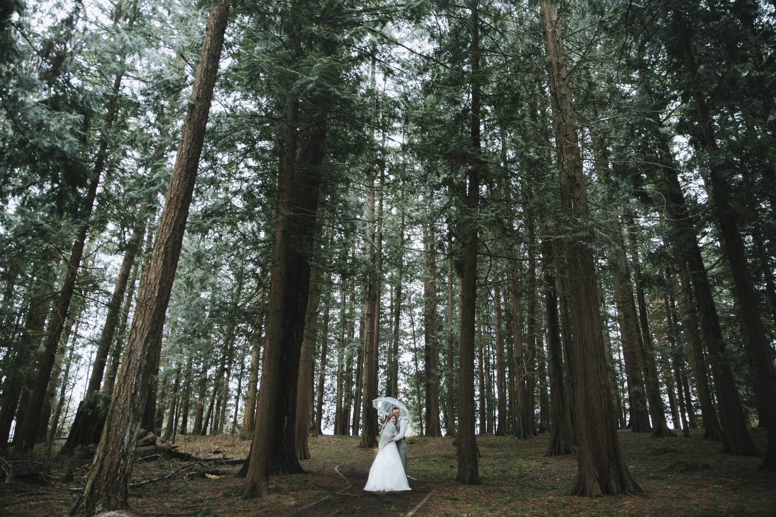 A rainy forest wedding in Lynden Washington, featuring teal blue accents, rustic details, umbrellas and a large bridal party.#rain #wedding #lynden #washington #umbrella #spring #teal #grey #brown #trees #romantic #documentarywedding #unposed #romanticposes #couple #largebridalparty Photography by Christina Voorhorst of Mimsical Photography. Do not alter, crop, edit or share these images without proper credit or permission. www.mimsicalphotography.com 