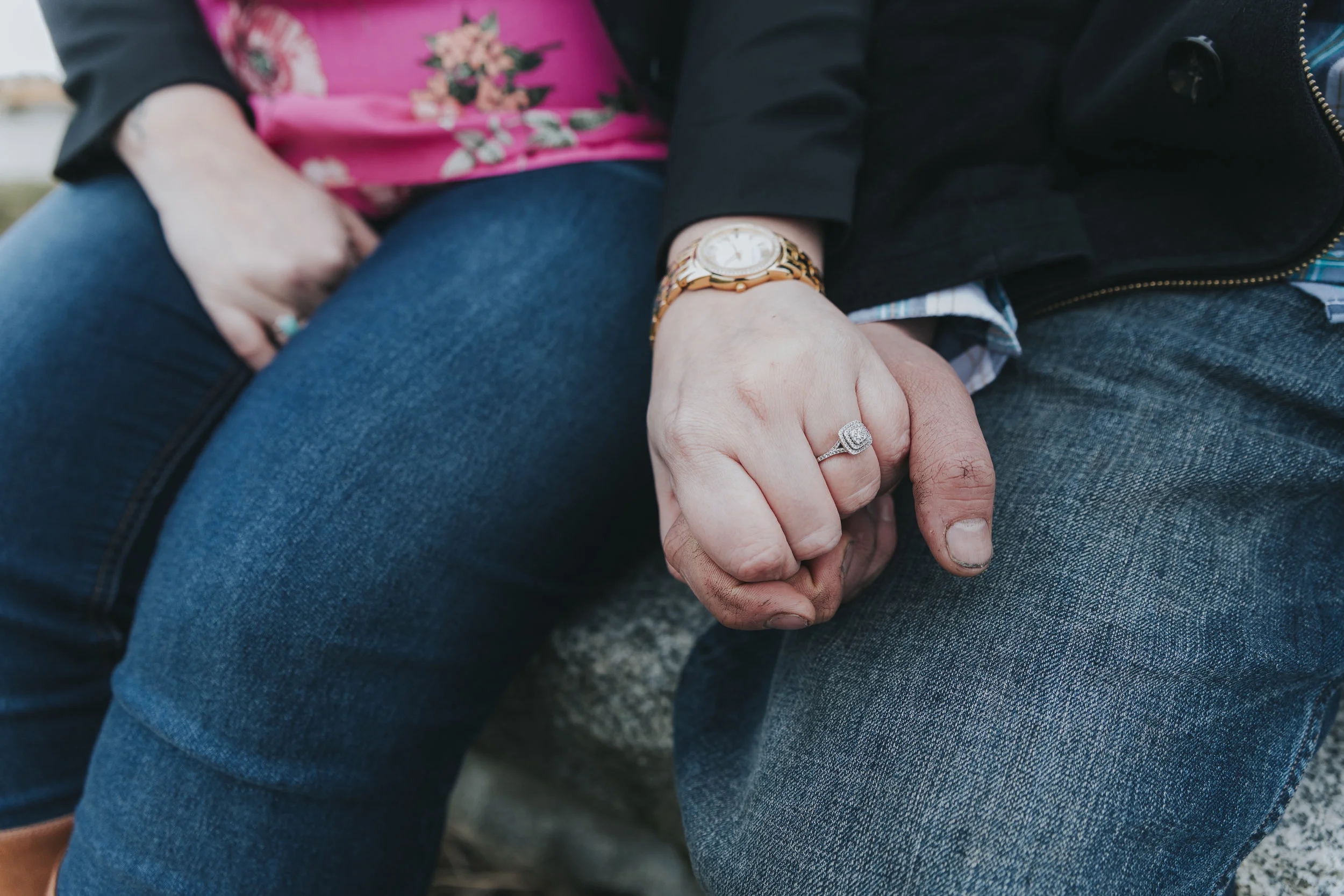 Cloudy engagement session at Garry Point Park in Richmond, BC. Couple holding hands. engagement ring Photography by Christina Voorhorst of Mimsical Photography #westcoastphotographer #engagement #ring #couple #ocean #cloud #overcast #romantic #poses