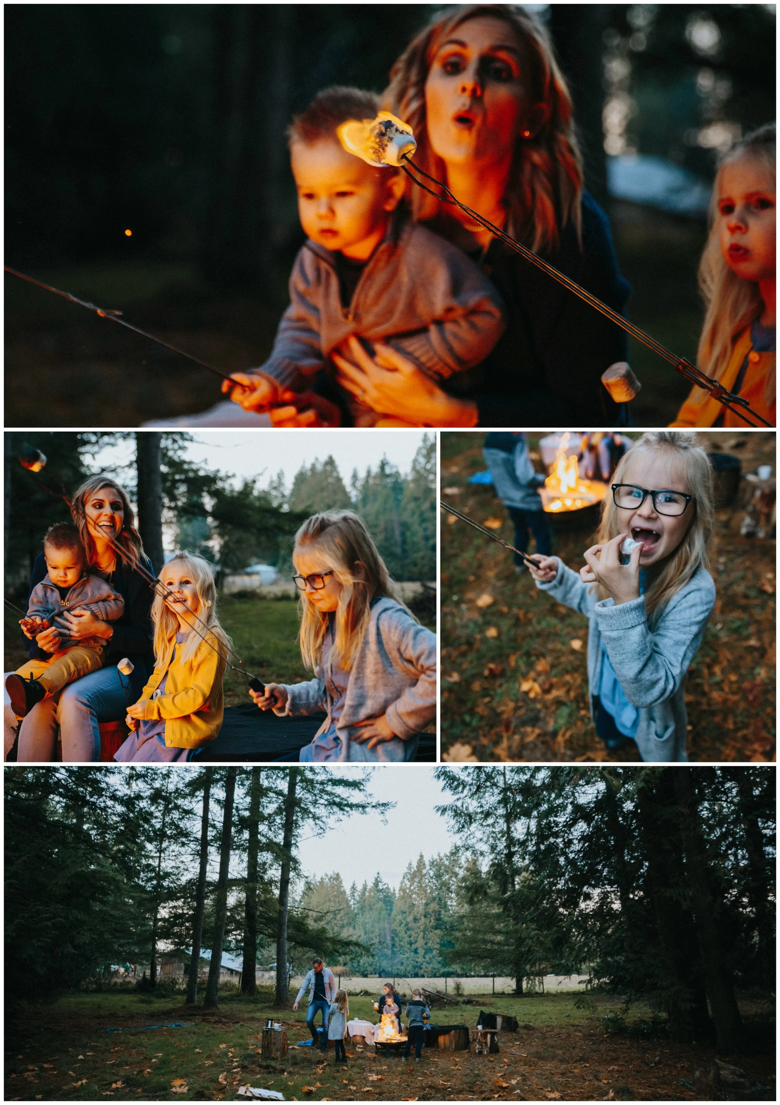 Marshmallow on fire, blowing it out, disappointed, forested backyard, Backyard Family Roasting Marshmallows, 4 kids, navy blue, mustard yellow, jean . Real moments, real memories. sticky fingers, documentary lifestyle photography by Mimsical photography, Fraser Valley, British Columbia, Langley, Vancouver. 