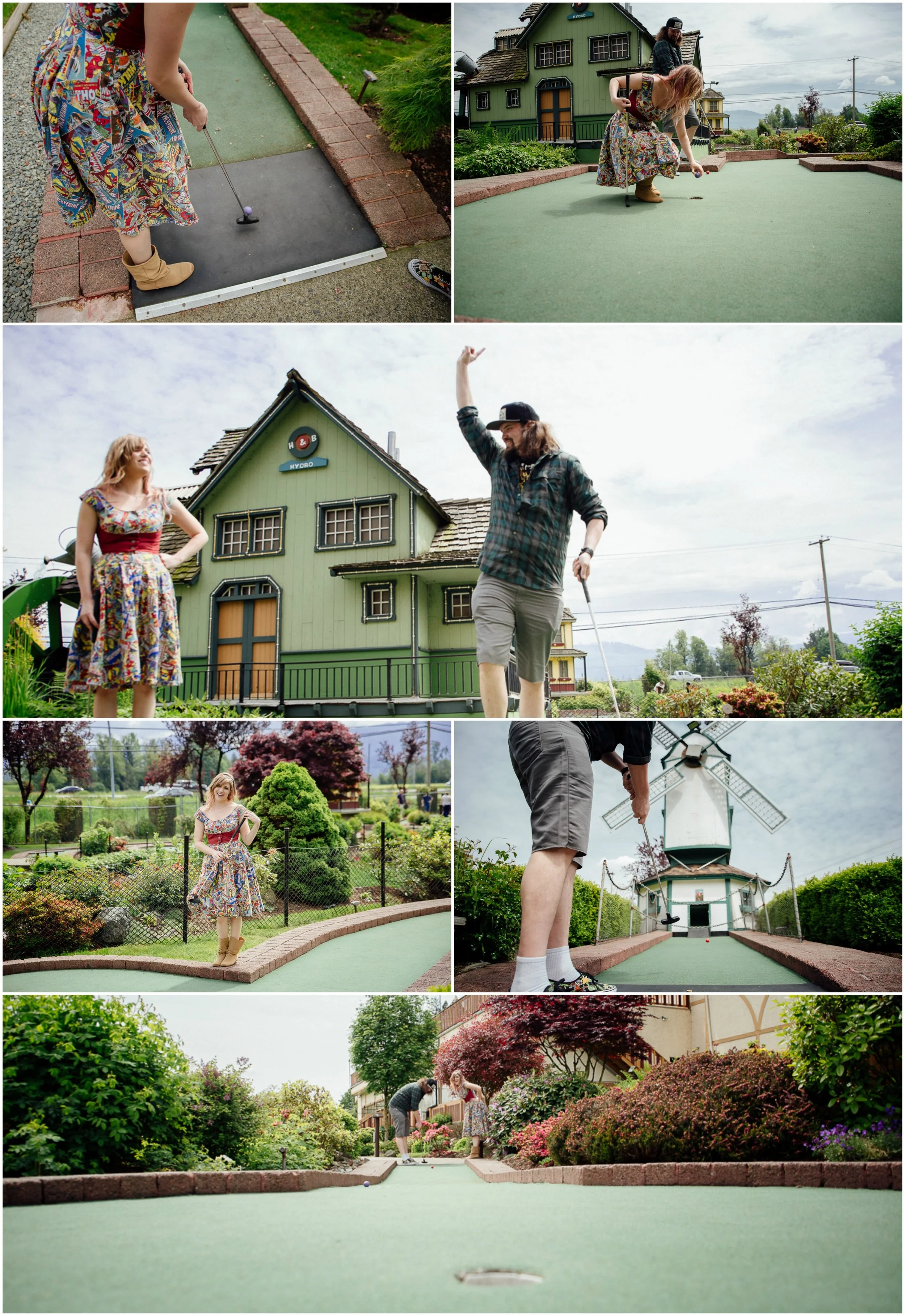 Mini putt collage of couple Castle Fun Park Documentary Engagement Photography, minigolf date by Mimsical Photography. Real stories about Real Couples that are just as unique as they are. #unique #vibrant #personality #nerd #princess #ecclectic #gamer #couple #minigolf #vancouver #candid #storytelling #connect #datesforcouples #arcade #arcadedate