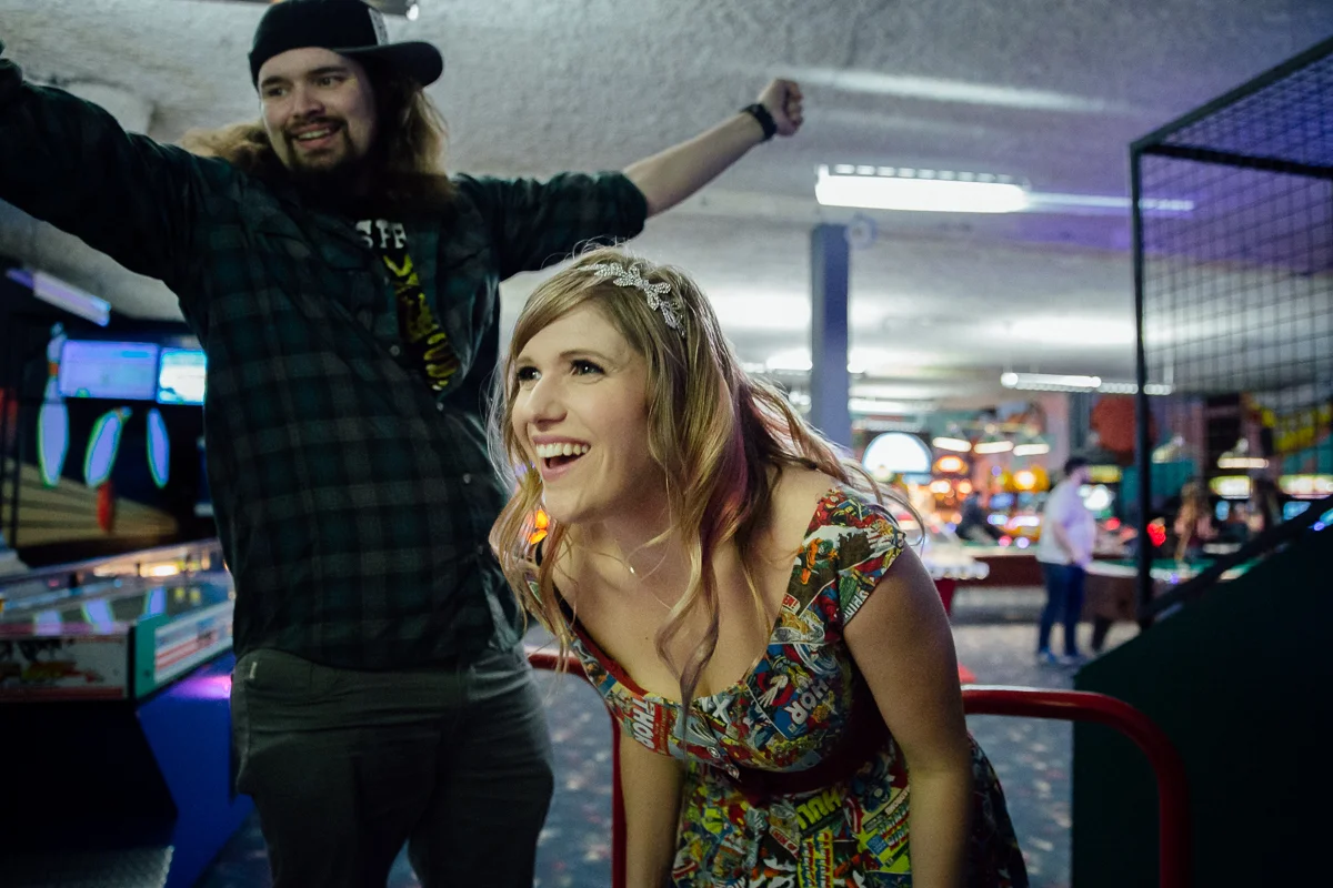 Winner of the dance fight! Castle Fun Park Documentary Engagement Photography, minigolf date by Mimsical Photography. Real stories about Real Couples that are just as unique as they are. #unique #vibrant #personality #nerd #princess #ecclectic #gamer #couple #minigolf #vancouver #candid #storytelling #connect #datesforcouples #arcade #arcadedate