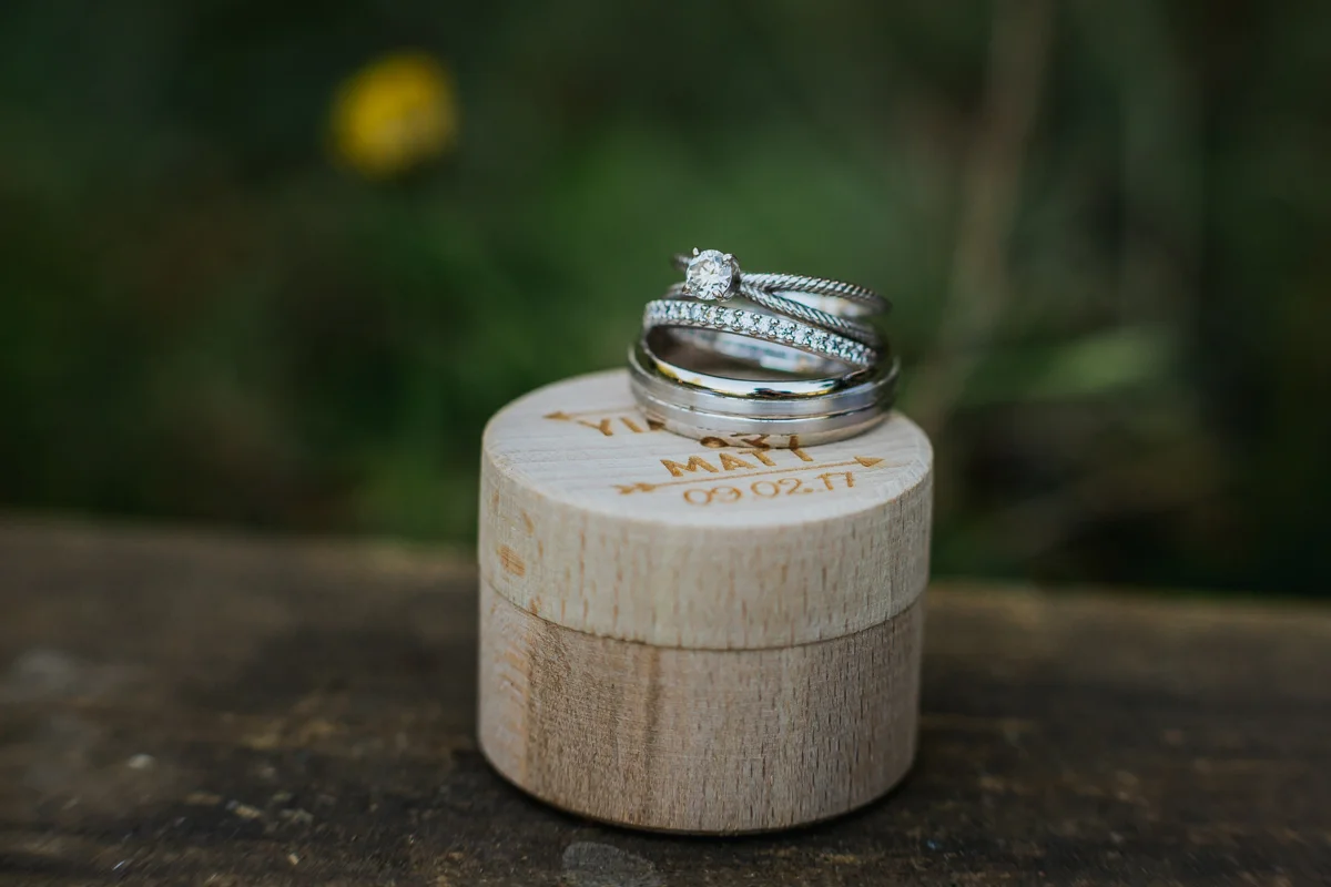 wedding ring and wood round wedding ring box Mimsical Photography Documentary Wedding Photography, Camp Howdy, Belcarra Provincial Park, North Vancouver. Purple and Grey Wedding Colours, Natural Greenery, Rustic Details, Summer, Lace and chiffon, big wedding, greek, lower mainland, british columbia, real, genuine, candid