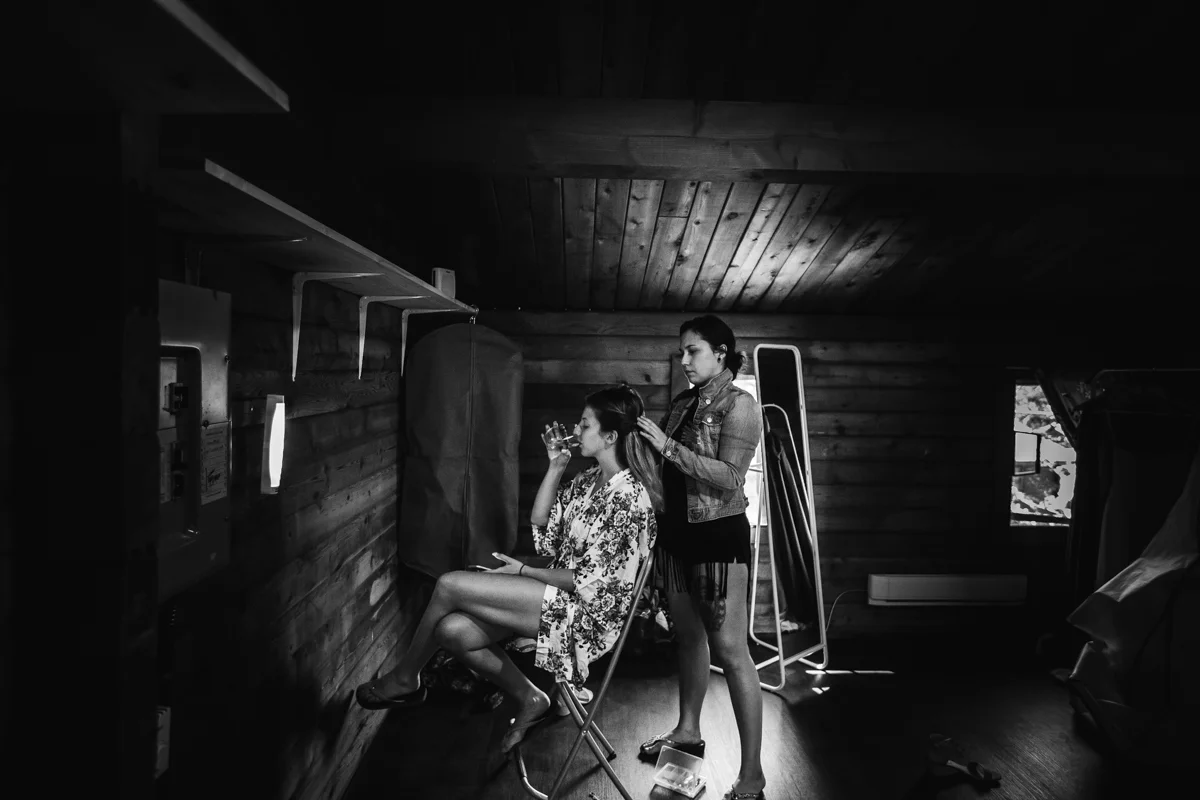 getting ready in a rustic cabin Mimsical Photography Documentary Wedding Photography, Camp Howdy, Belcarra Provincial Park, North Vancouver. Purple and Grey Wedding Colours, Natural Greenery, Rustic Details, Summer, Lace and chiffon, big wedding, greek, lower mainland, british columbia, real, genuine, candid