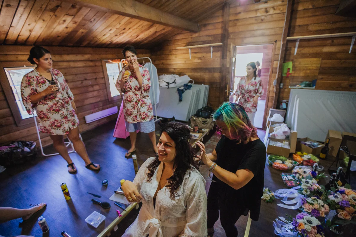 bridal prep in a rustic cabin Mimsical Photography Documentary Wedding Photography, Camp Howdy, Belcarra Provincial Park, North Vancouver. Purple and Grey Wedding Colours, Natural Greenery, Rustic Details, Summer, Lace and chiffon, big wedding, greek, lower mainland, british columbia, real, genuine, candid