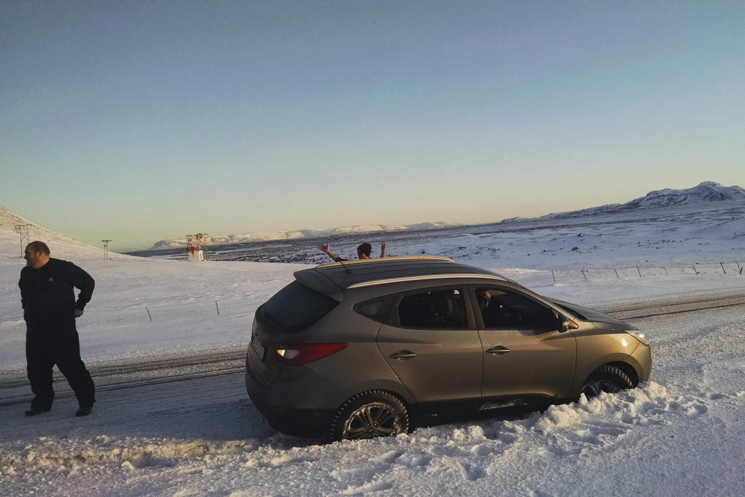 The Hyundai stuck on the side of the highway. My sarcastic celebration.