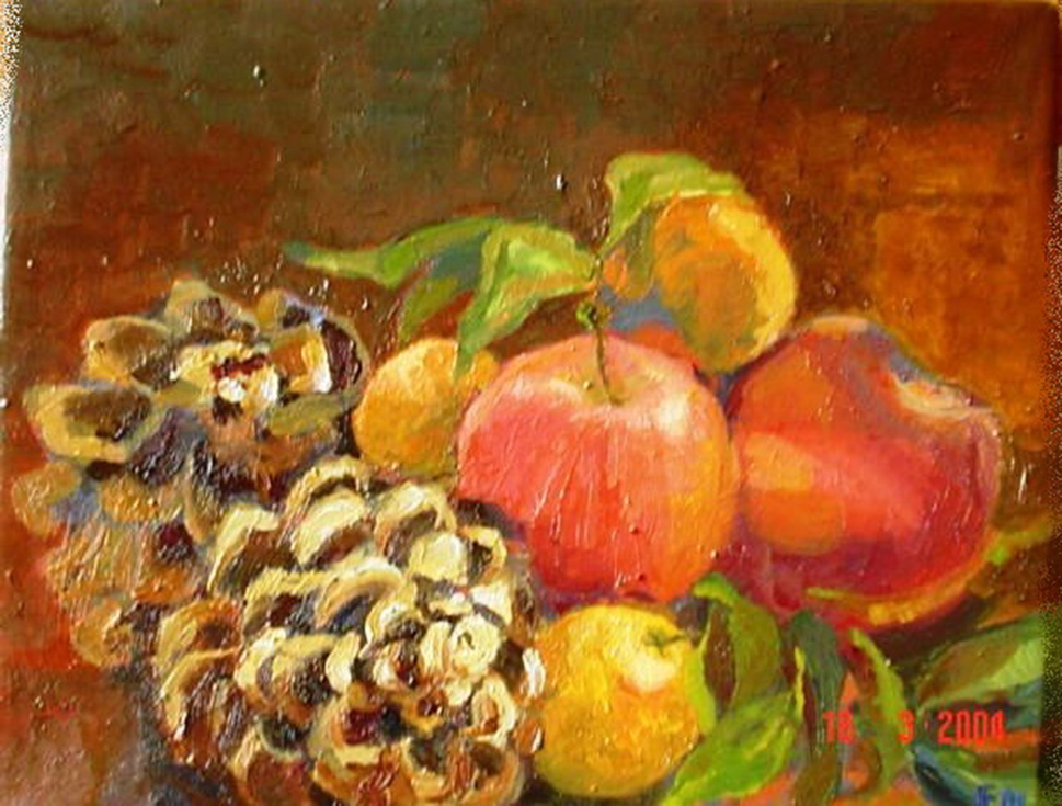 1. f. mereu, composizione con pigne, mandarini e mele, olio su tela 24 x 30,5 cm, 2004.jpg