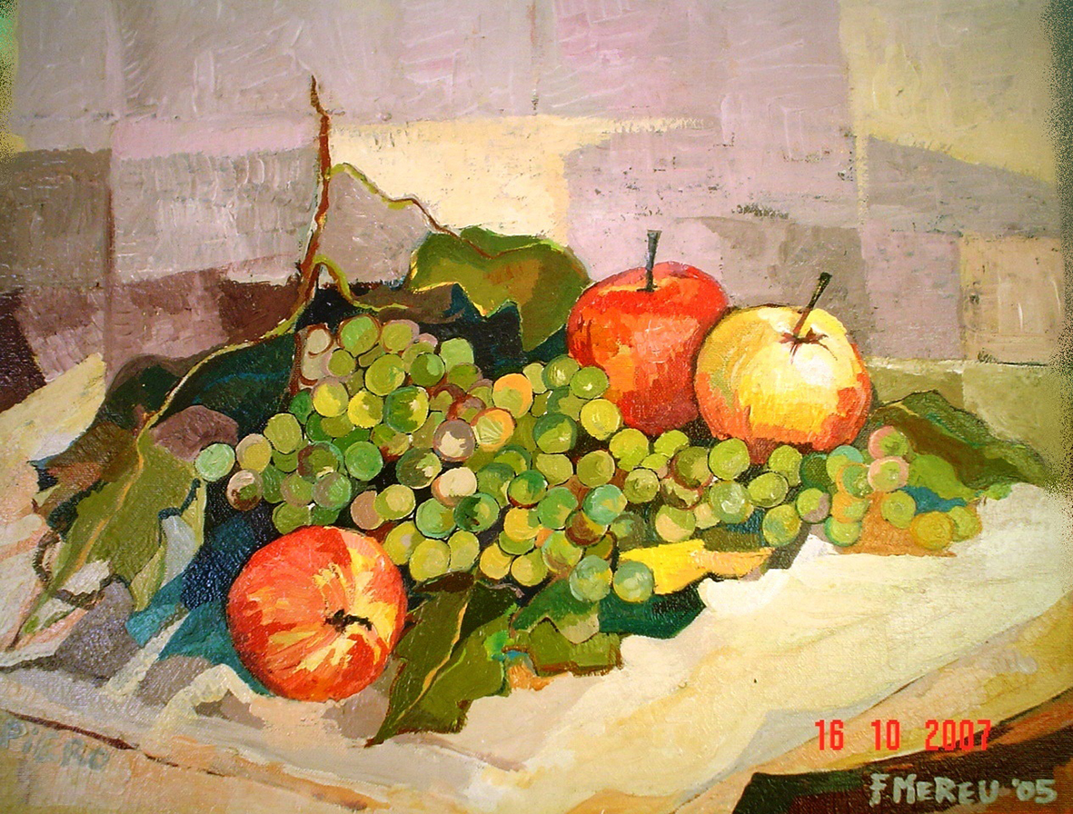 5. f. mereu, composizione di frutta con uva , tempere su tela, 2005.jpg