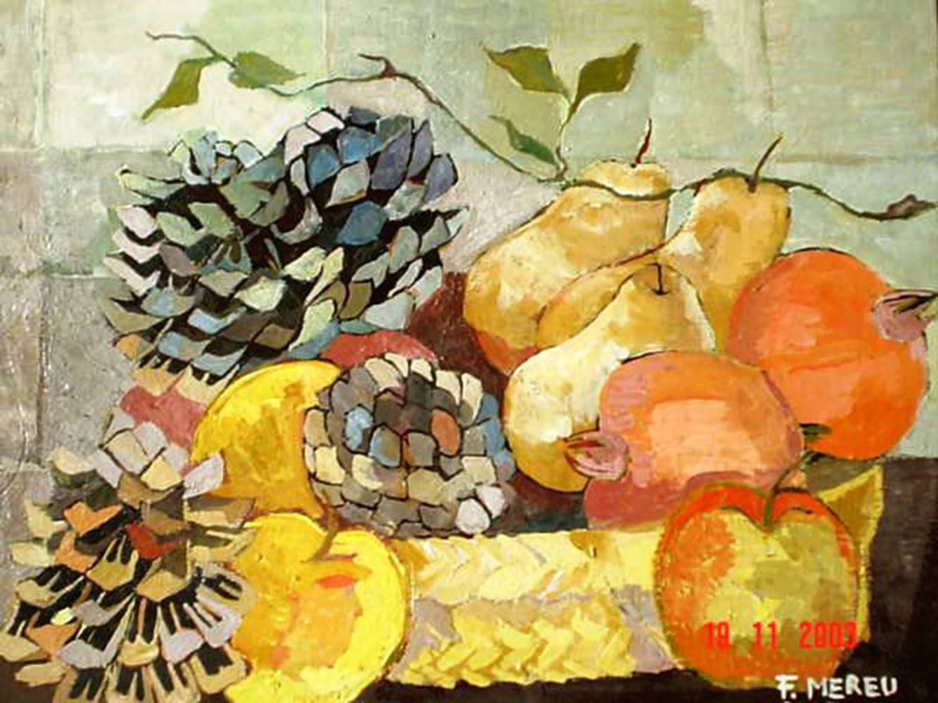 7. f. mereu, frutta e pigne, tempere su tela 35 x 50 cm, 2003.jpg