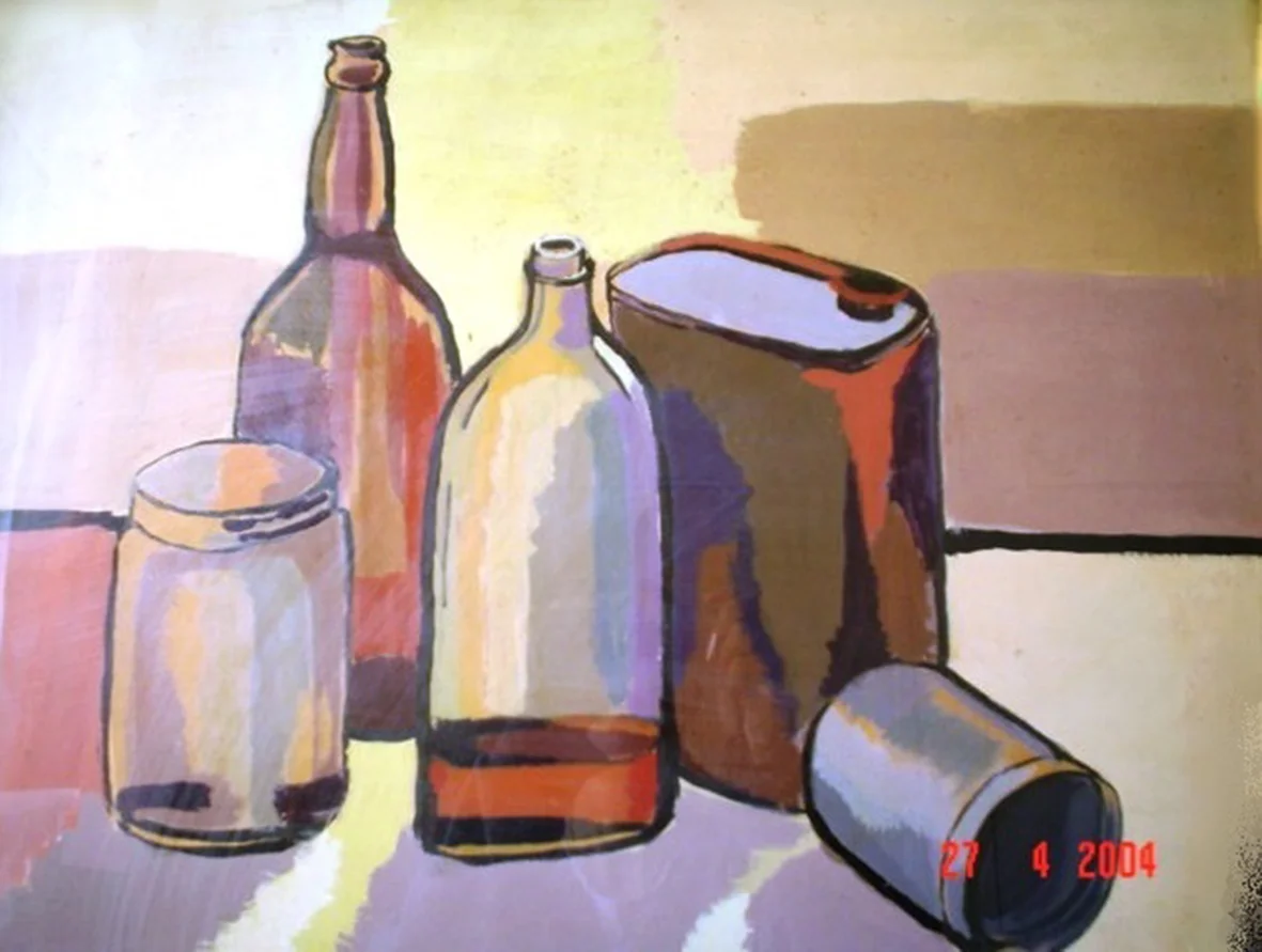 1 f. mereu, composizione con bottiglie, tempere su tela, 2004.jpg