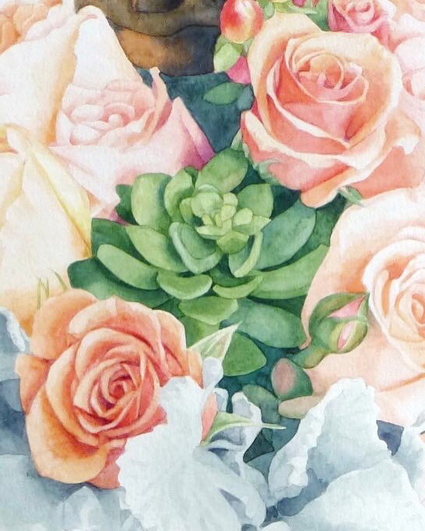 The 😈 is in the details! I had so much fun painting this bouquet - the succulents, the roses, and even a peacock feather that was part of the groom&rsquo;s boutonni&egrave;re! 

#watercolorpainting #peacockfeathers #succulentsofinstagram #succulentl