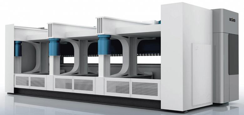 Each T-frame is part of a module that includes a hydraulic cylinder in the front and (as shown in blue) in the back.