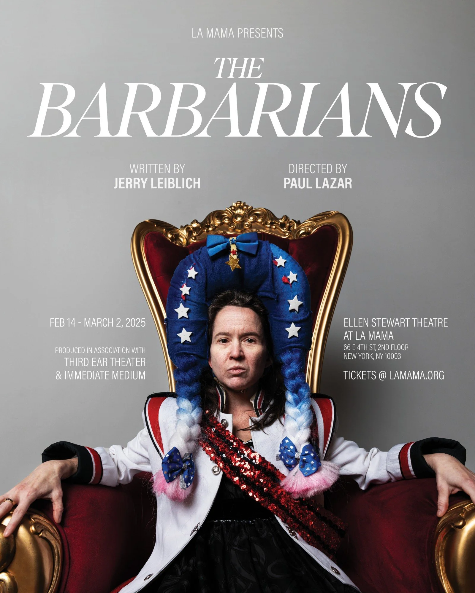 Poster for the play "The Barbarians" featuring a woman with dark hair, wearing a white jacket with red and blue accents, sitting on a red velvet throne-like chair with gold trim, and an animated child's head with braided pigtails, a blue dress with s