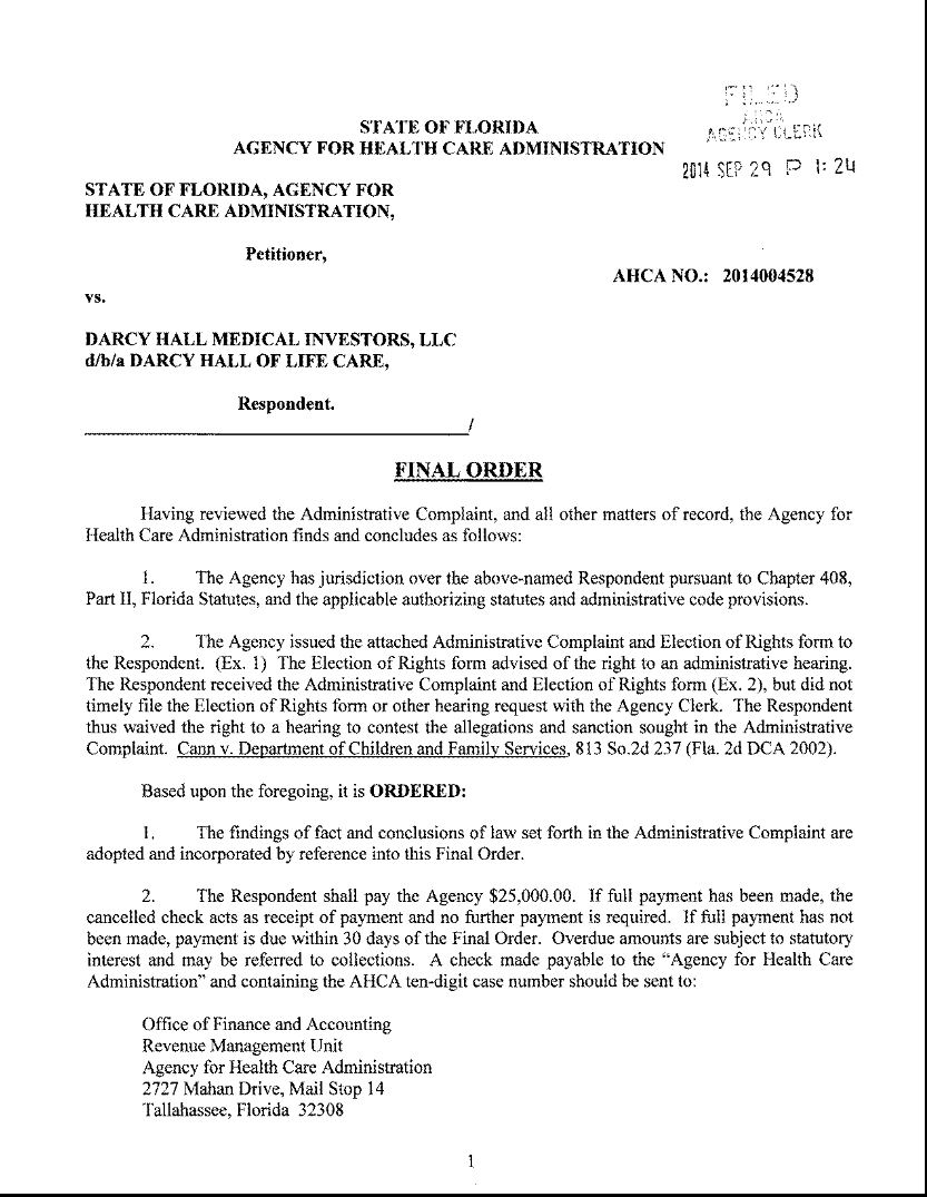 The State of Florida (AHCA) cited Darcy Hall for deficiencies in the above case.