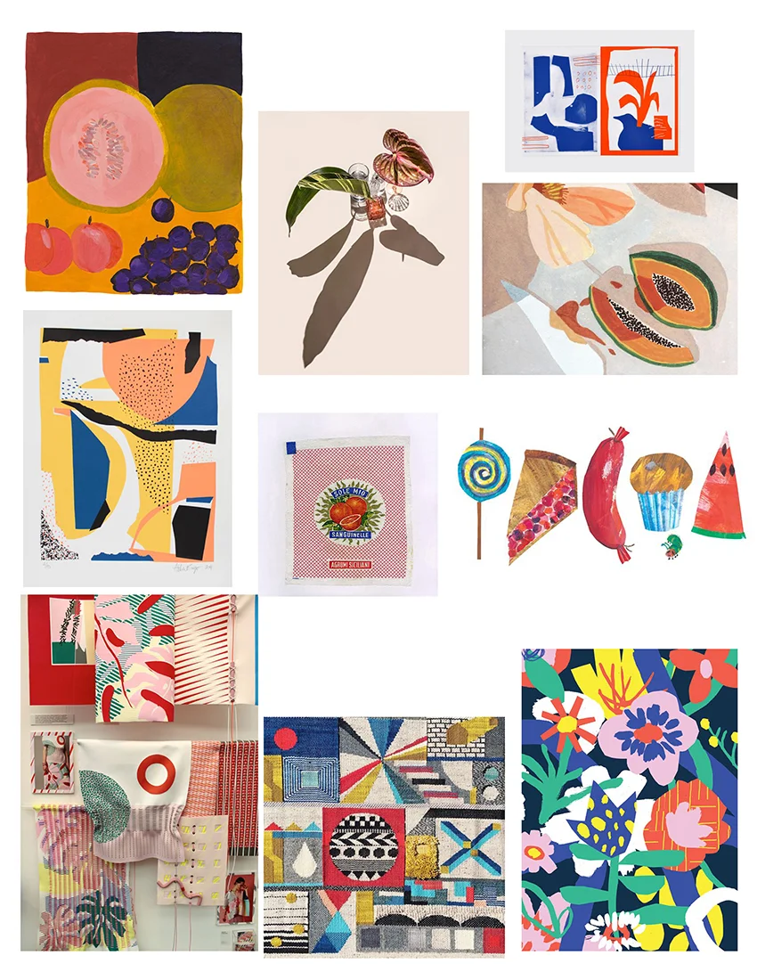 My initial moodboard for the piece including works by Atelier Bingo, Nat Vico, Lea Maupetit, Eric Carle, Sally Cheung, Zoran Pungercar, Genevieve Griffiths, Suzanne Saroff, and vintage Italian wrappers.