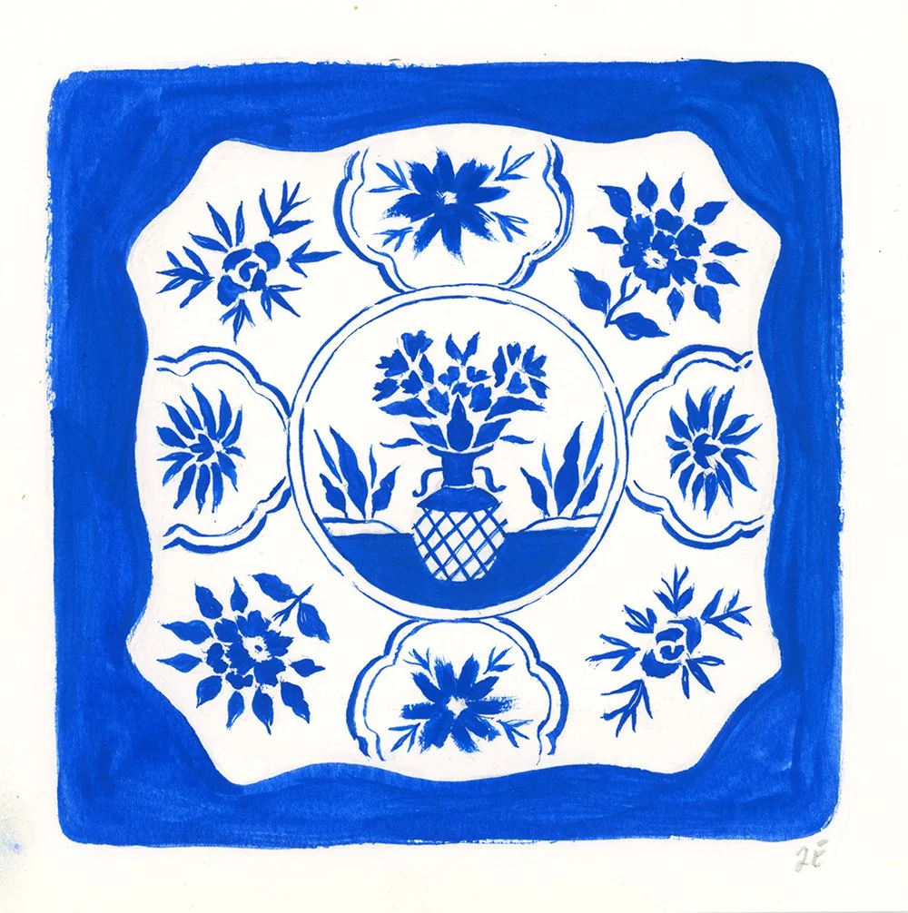 Blue and White Dish Painting