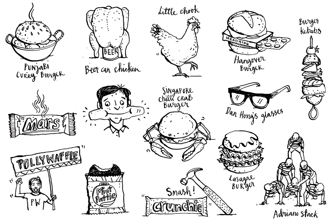 Taste magazine: various food related masthead illustrations