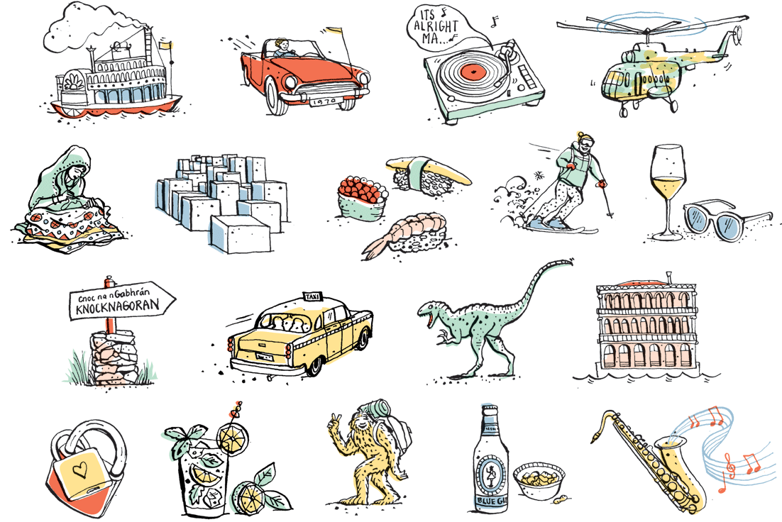 Qantas magazine: spot illos for the Palces of the Heart column