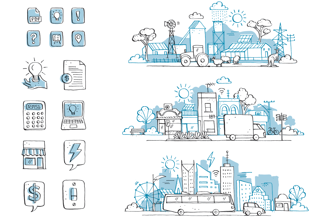 Paper Giants: Energy benchmark icons and landscapes