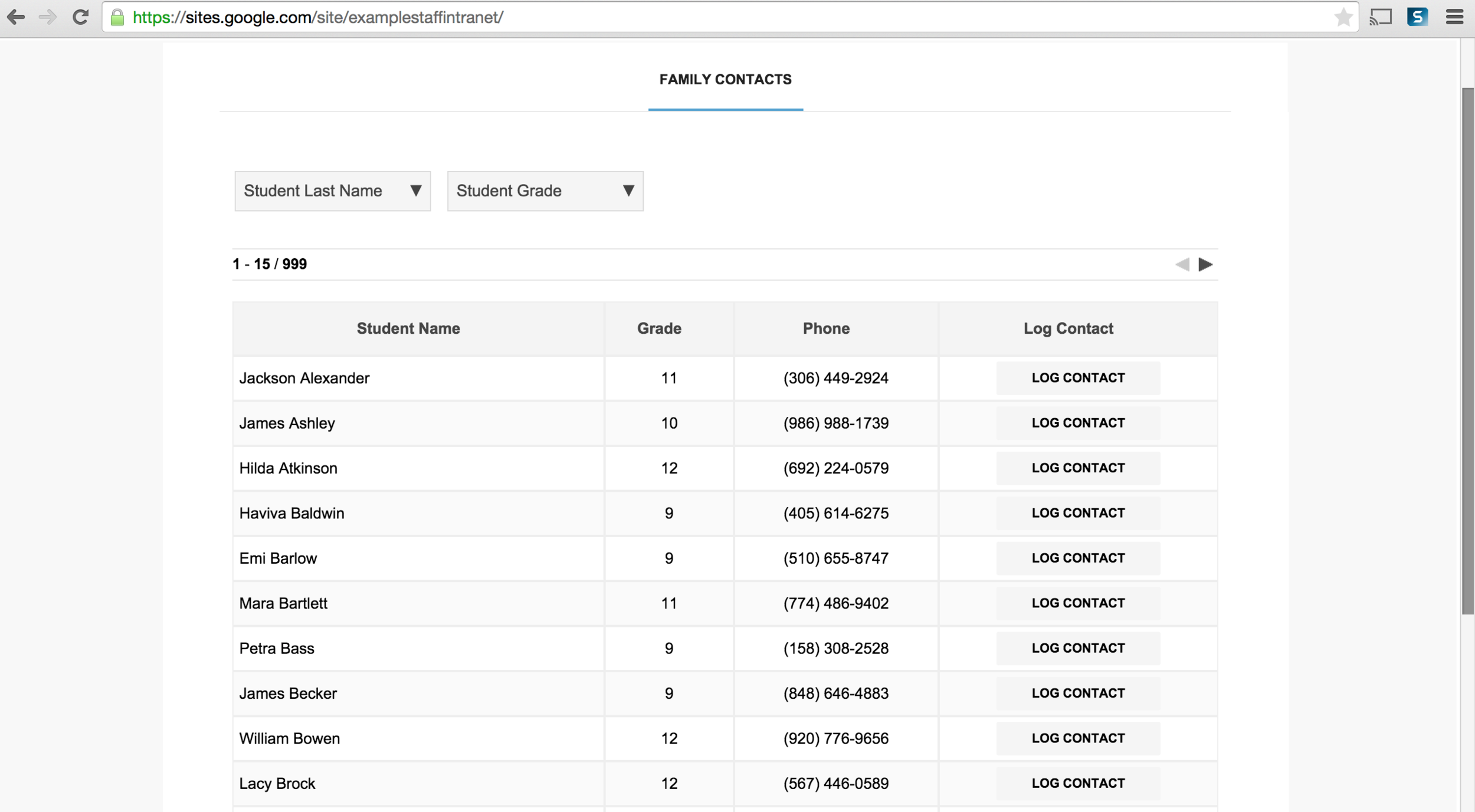 Click to view a sample staff intranet site with an example of an Awesome Table housed student contact list