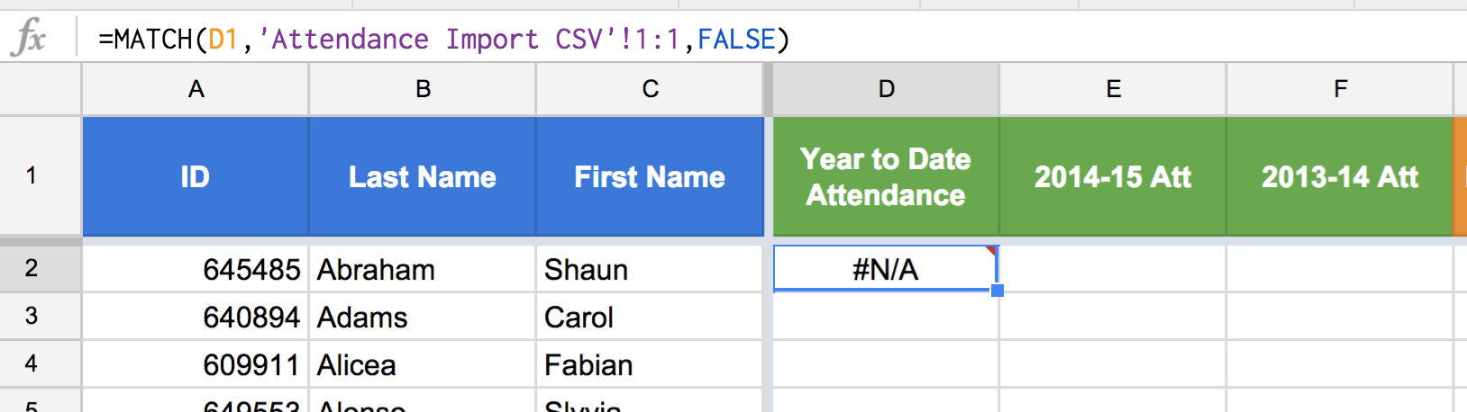 Figure 4: A common mistake is attempting to match a search_key that is not actually in the range used in argument two. In the above case we get "#N/A" because "Year to Date Attendance", the search key, is not in the first row of the Attendance Import CSV. The key point is to be very careful that you are trying to match items that are exactly the same in the search_key and the range.