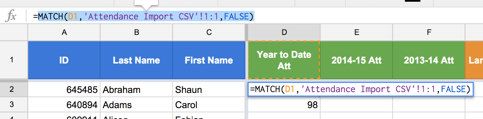 Figure 7: Highlight the MATCH() function, without the "=" sign. Use ctrl+C or cmd+C to copy the text of the function.